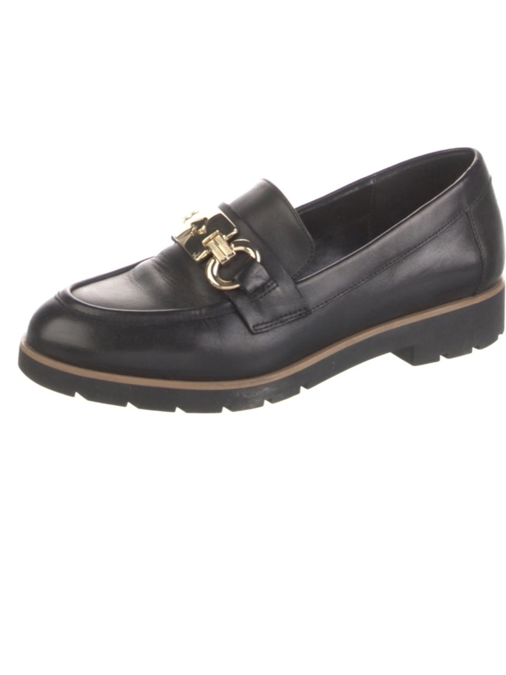 kate spade Kolby Black Leather Loafer with Gold Chain Accent 8.5